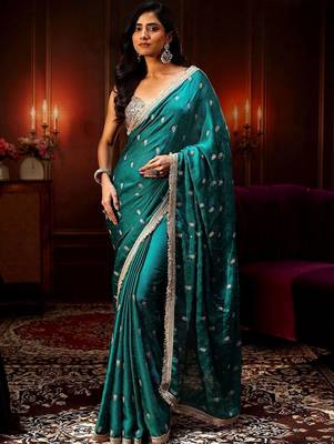 teal cerulean blue embellished satin saree with gota border 4