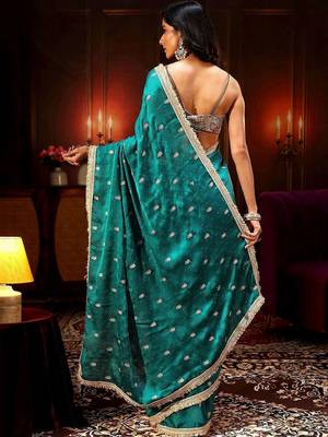 teal cerulean blue embellished satin saree with gota border 5