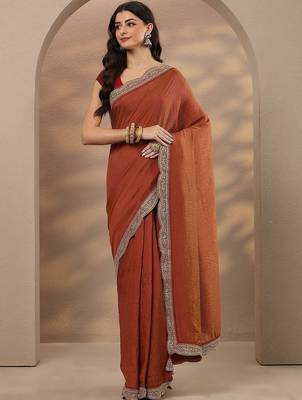 rust solid saree with unstitched blouse piece 1