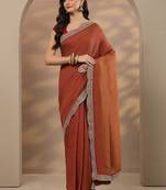 rust solid saree with unstitched blouse piece