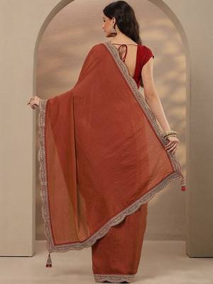 rust solid saree with unstitched blouse piece 3