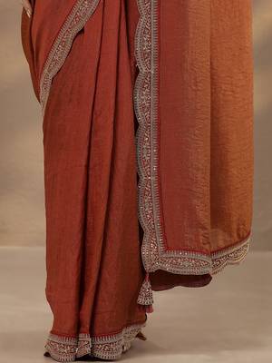 rust solid saree with unstitched blouse piece 5