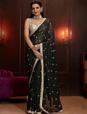 black embellished satin saree 1