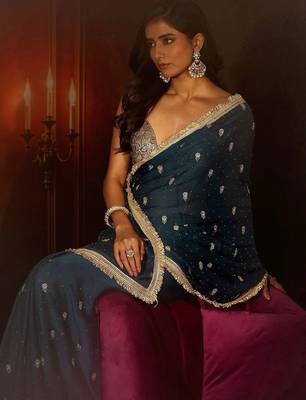 teal midnight blue embellished satin saree with gota border 1