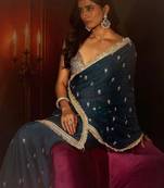 teal midnight blue embellished satin saree with gota border