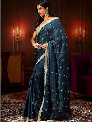 teal midnight blue embellished satin saree with gota border 2
