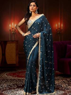 teal midnight blue embellished satin saree with gota border 3