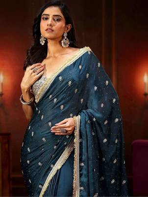 teal midnight blue embellished satin saree with gota border 4