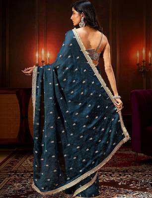 teal midnight blue embellished satin saree with gota border 5
