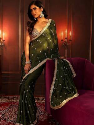 olive leaf green embellished satin saree with gota border 1