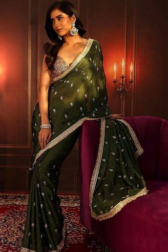 olive leaf green embellished satin saree with gota border