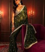 olive leaf green embellished satin saree with gota border