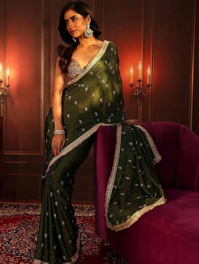 olive leaf green embellished satin saree with gota border