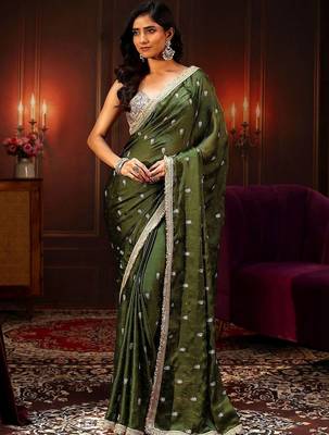 olive leaf green embellished satin saree with gota border 2