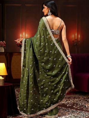 olive leaf green embellished satin saree with gota border 4