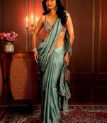 sea green embellished satin saree with gota border