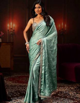 sea green embellished satin saree with gota border 2
