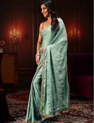 sea green embellished satin saree with gota border 3