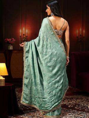 sea green embellished satin saree with gota border 4