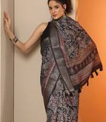 charcoal printed saree with unstitched blouse piece