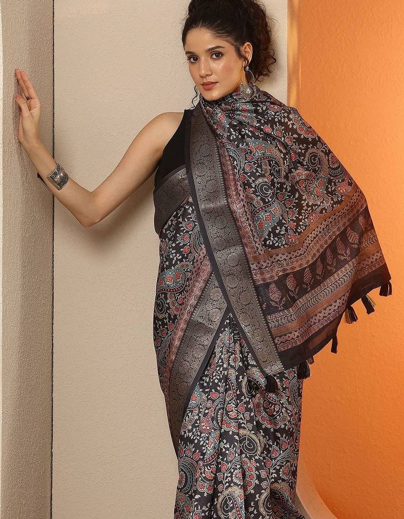 charcoal printed saree with unstitched blouse piece