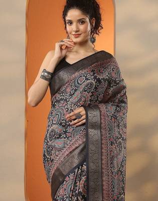 charcoal printed saree with unstitched blouse piece 2