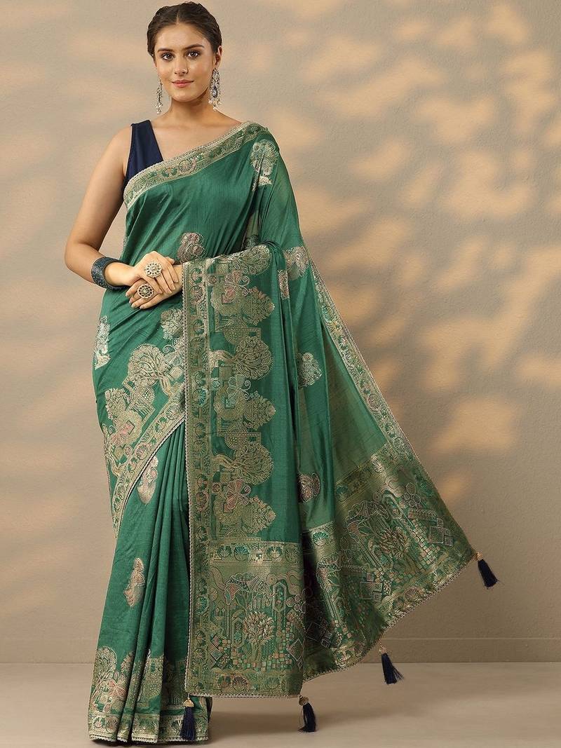 green embellished baluchari silk blend saree with unstitched blouse piece
