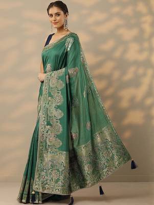 green embellished baluchari silk blend saree with unstitched blouse piece 3