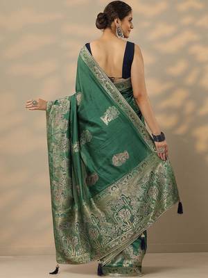 green embellished baluchari silk blend saree with unstitched blouse piece 4