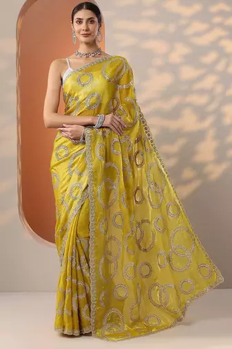 yellow embroidered organza saree with unstitched blouse piece