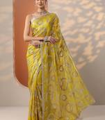 yellow embroidered organza saree with unstitched blouse piece