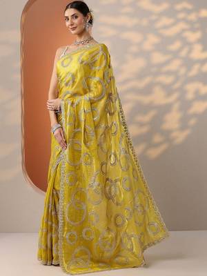 yellow embroidered organza saree with unstitched blouse piece 3