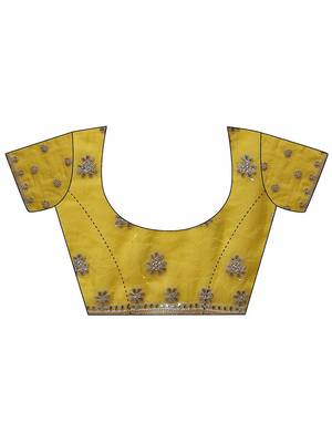yellow embroidered organza saree with unstitched blouse piece 4