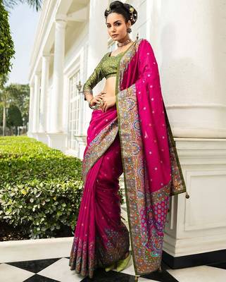 pink paisley embroidered silk blend heavy work saree 1