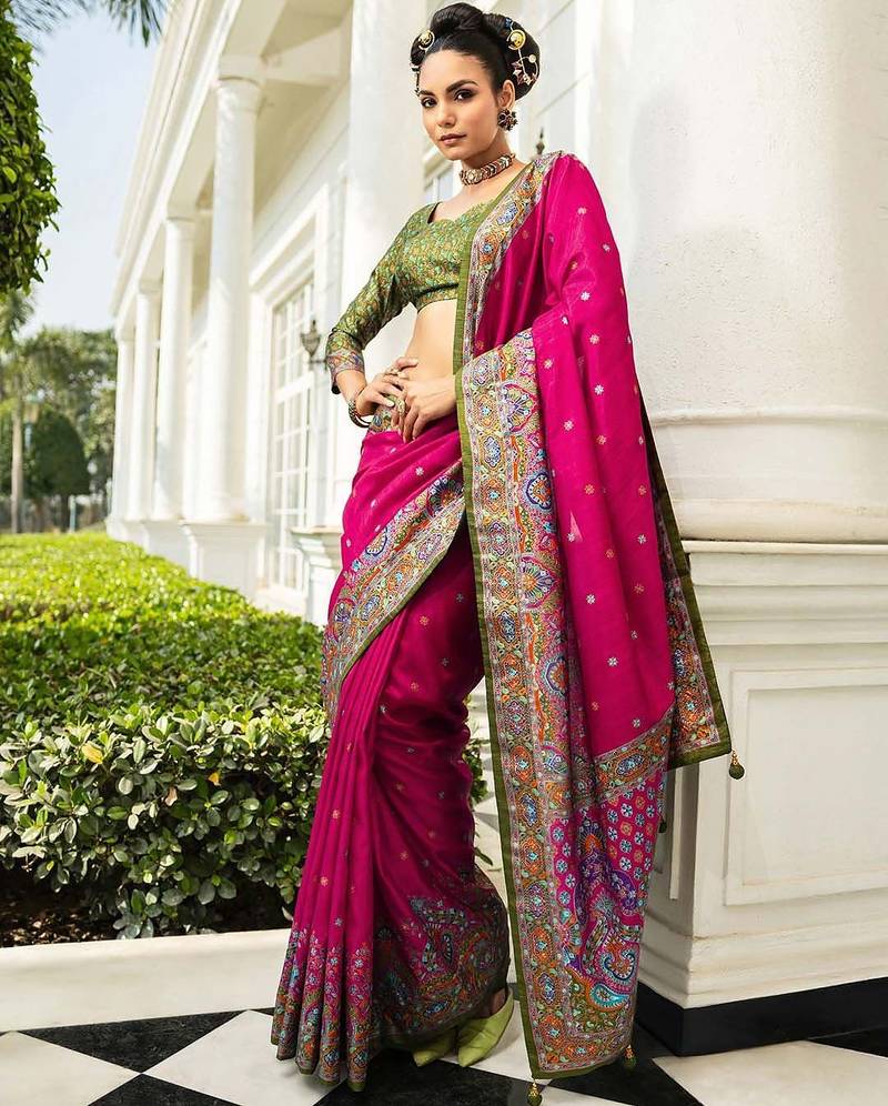 pink paisley embroidered silk blend heavy work saree