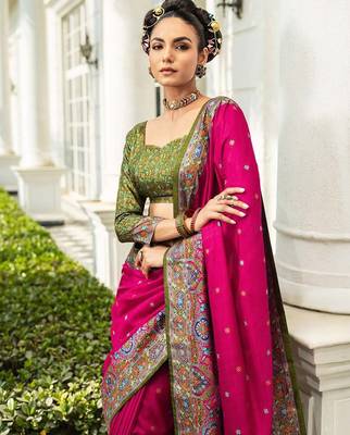 pink paisley embroidered silk blend heavy work saree 2