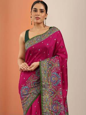 pink paisley embroidered silk blend heavy work saree 3