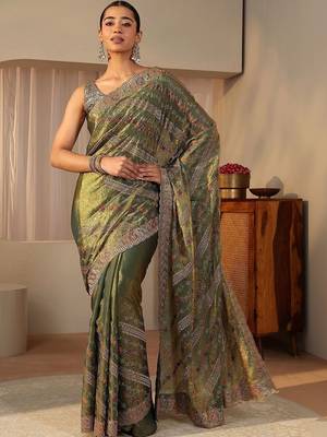 olive floral embroidered tissue saree 1