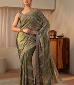 olive floral embroidered tissue saree