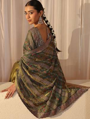 olive floral embroidered tissue saree 4