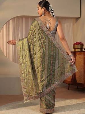 olive floral embroidered tissue saree 5