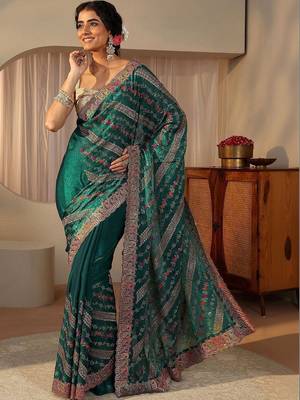 teal floral embroidered tissue saree 1