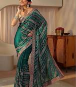 teal floral embroidered tissue saree