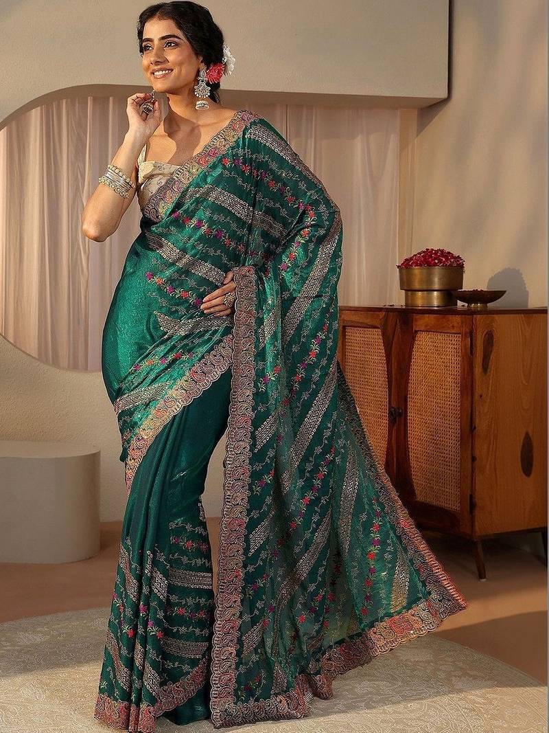 teal floral embroidered tissue saree