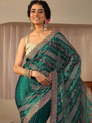 teal floral embroidered tissue saree 2