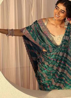teal floral embroidered tissue saree 3