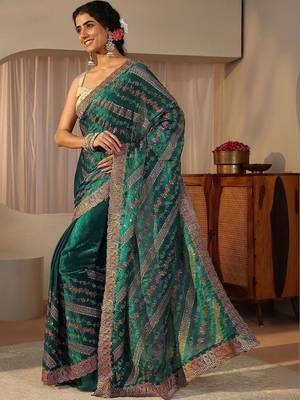 teal floral embroidered tissue saree 4
