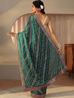 teal floral embroidered tissue saree 5