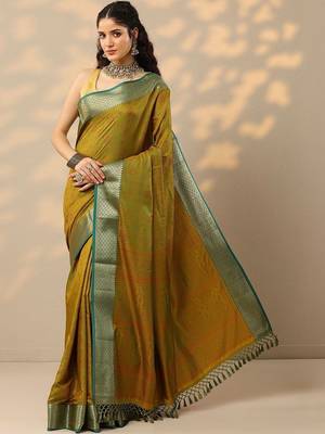 mustard woven design kanjeevaram saree with unstitched blouse piece 1