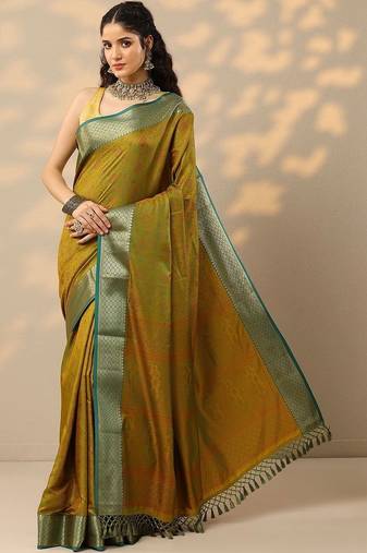 mustard woven design kanjeevaram saree with unstitched blouse piece